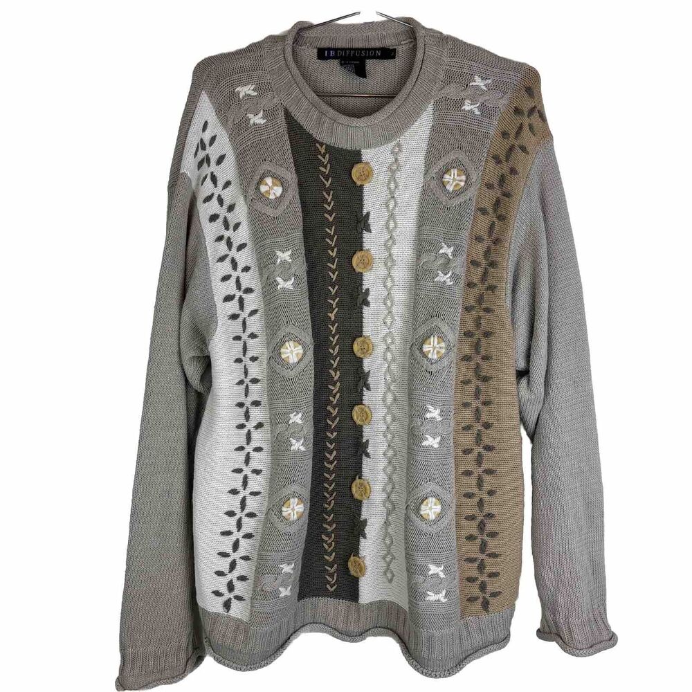 VTG Vintage I.B. DIffusion Textured Pattern Knit Button Panel Sweater SIze L
